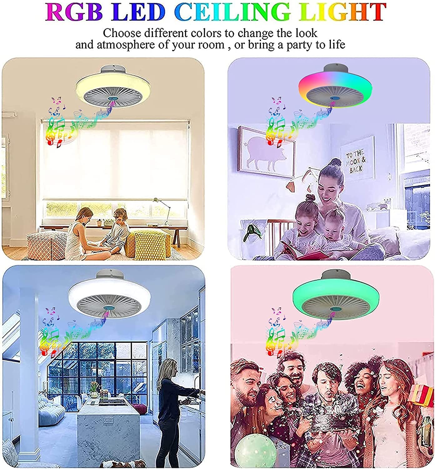 Ceiling Fans with Lights and Remote Bluetooth, RGB Dimmable LED Enclosed Ceiling Fans for Kids Room, with Bluetooth Speaker And 3 Colors Led Light, 3 Wind Speed & App-Timing Setting, White 17.7''