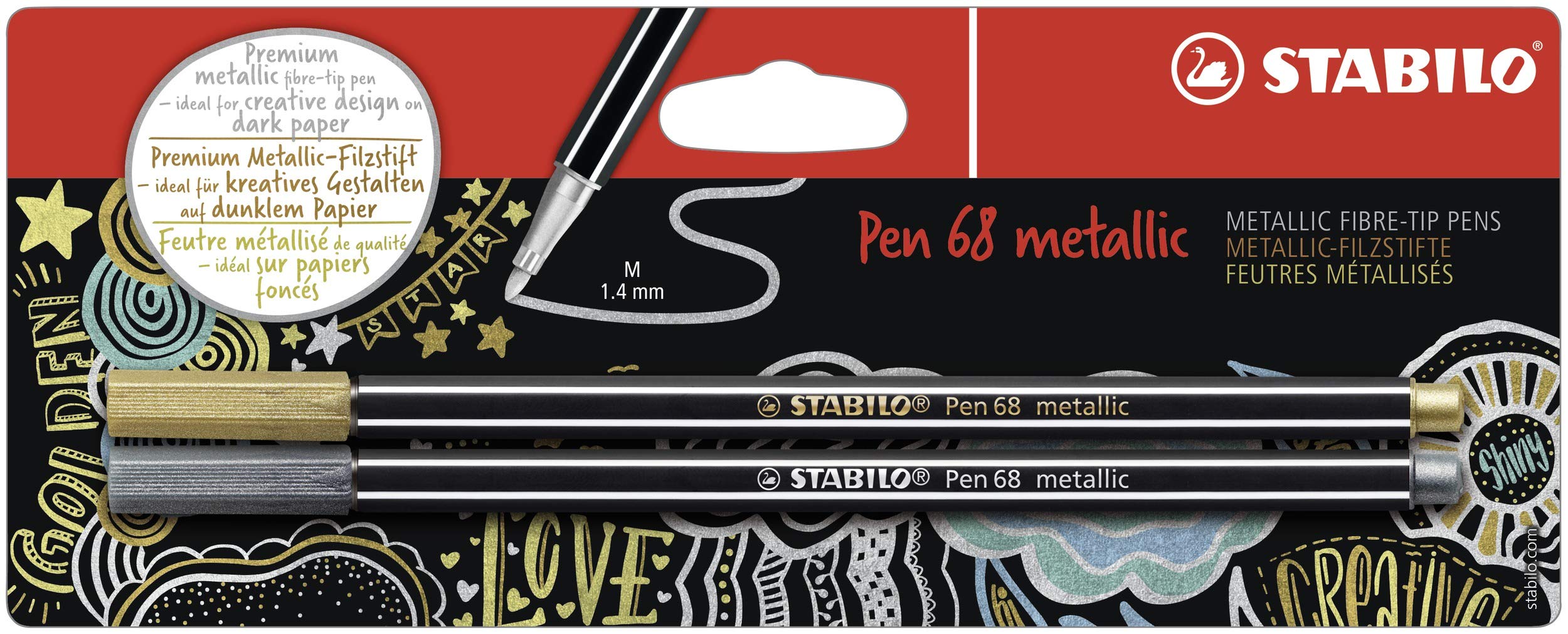 STABILO Premium Metallic Fibre-Tip Pen Pen 68 metallic - Pack of 2 - Gold, Silver