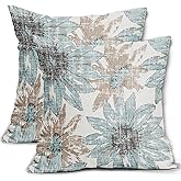 Light Blue and Brown Pillow Covers 18x18 Set of 2 Retro Sunflower Flowers Print Decorative Throw Pillows Outdoor Modern Art Floral Pillowcase Square Linen Cushion Case for Home Sofa Couch Bed