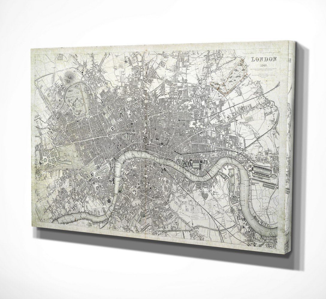 WEXFORD HOME Antique London Map Dusty White Gallery Wrapped Canvas Wall Art, 16x32