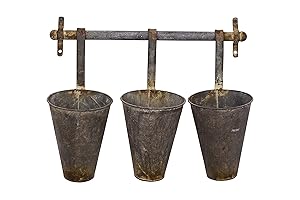 Creative Co-op Antiqued Metal Wall Rack with 3 Hanging Tin Pots