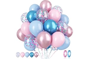Paready Macaron Pink and Blue Balloons, 60 Pcs 12 Inch Baby Shower Party Balloons, Metallic Blue Pink Balloons for Gender Rev