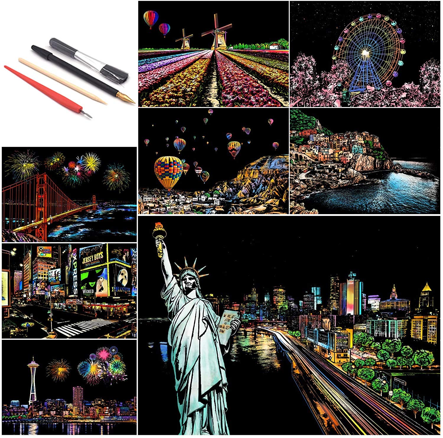 SiYear Scratch Paper Rainbow Painting Sketch, City Series Night Scene,Scratch Painting Creative Gift,Scratchboard for Adult with 4 Tools(8pack)
