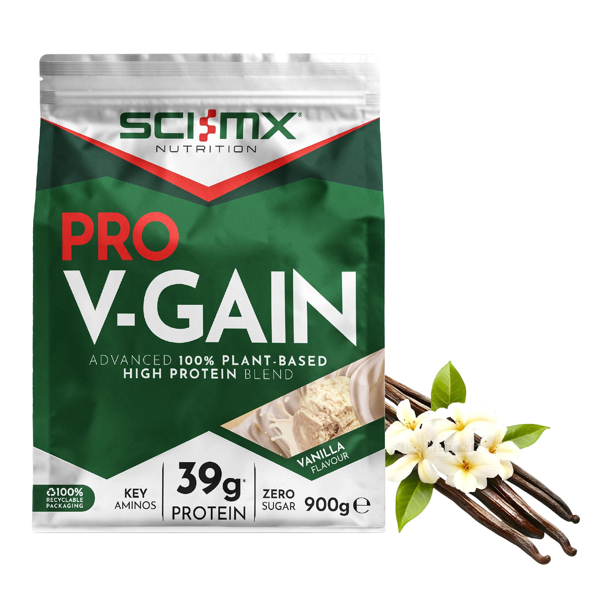 SCI-MX Pro V Gain 100% Plant Based Vegan Protein Formula With No Added Sugar - Vanilla Flavour - 900g - 20 SERVINGS