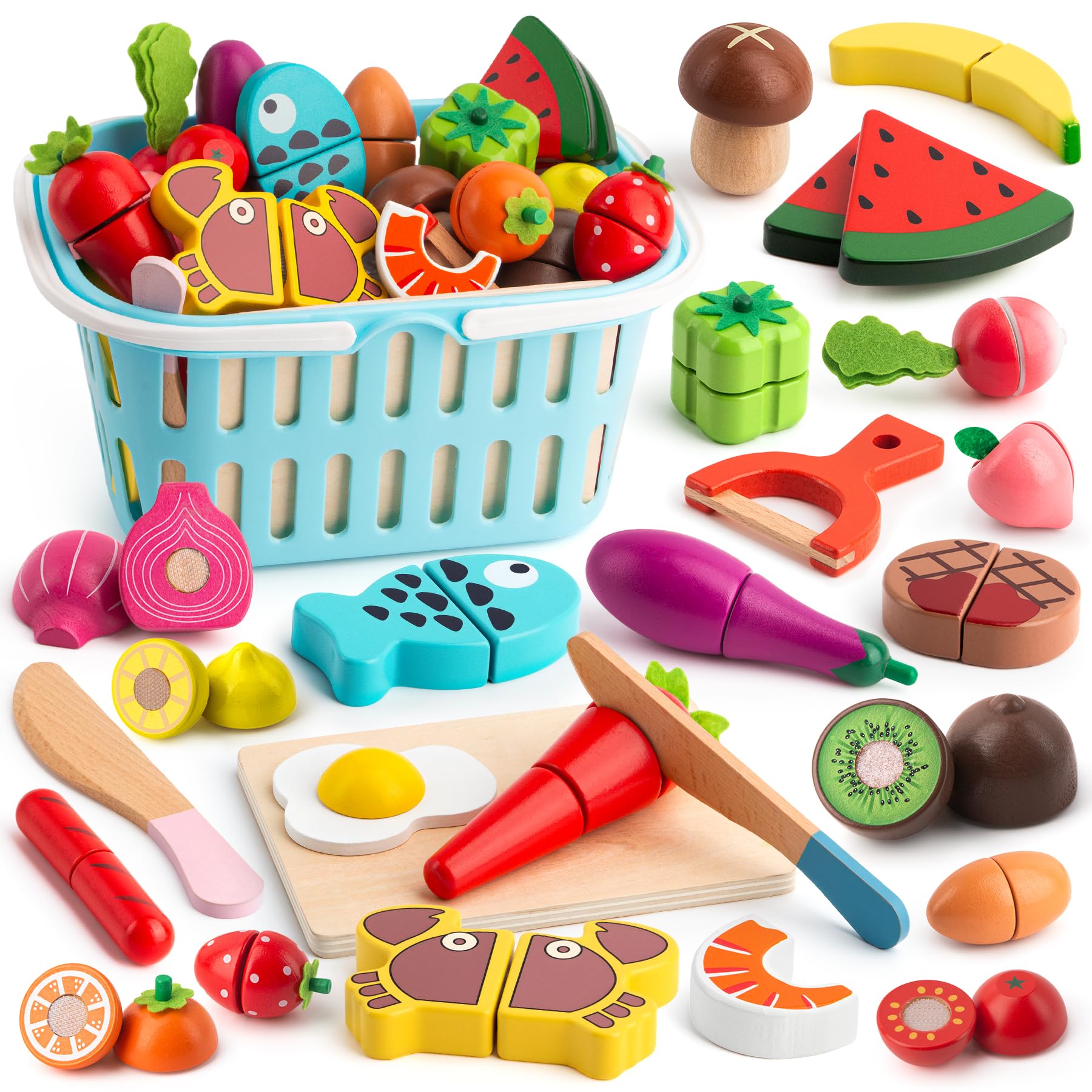 BunnyJOY Kinderküche Zubehor Holz, Spielküche Zubehor, Kaufladen Zubehör, Küchenspielzeug Holz, Küchenzubehor Kinder, Lebensmittel Spielzeug, Schneideset Obst Gemuese, 26 Stück