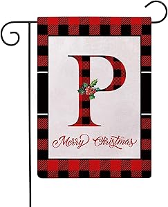 Christmas Plaid Decorative Garden Flags with Monogram Letter P Double Sided Farmhouse Red/Black Buffalo Plaid Winter Holiday Outdoor Garden Flags 12.5×18 Inch for House Garden Yard Patio Decor (P)