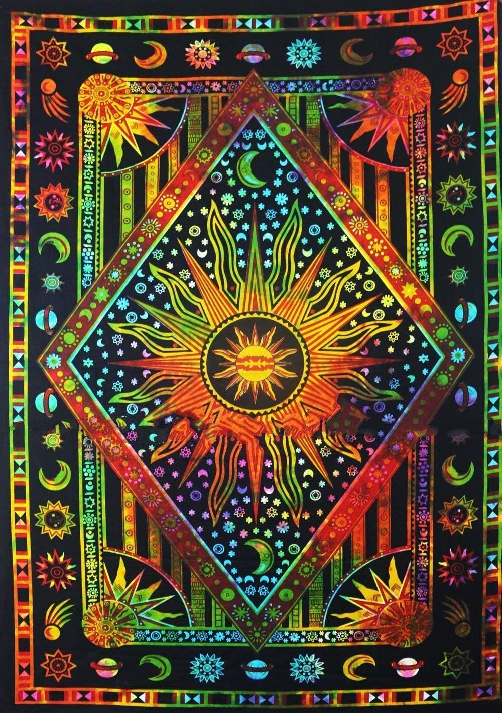 Tapestries - Popular Handicrafts Tapestry Wall Hanging Burning Sun and Moon Hippie Mandala Bohemian Hippy Psychedelic Design Indian Tapestries Bedspread 54x82 Inches (140cm x 210cm) White Multicolor