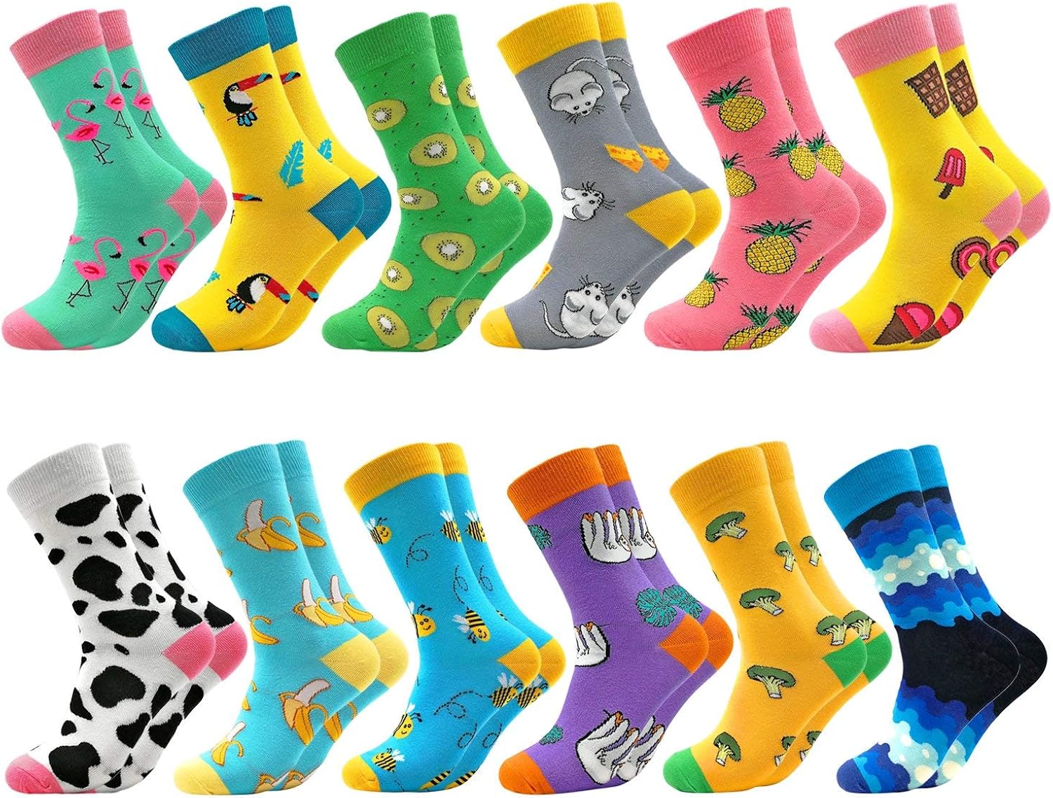 Fun Colorful Socks Combed Cotton Stockings Mid Calf Art Patterned Funky Happy Sock Packs, 12 Pairs1204, Free Size US 6-11: Clothing