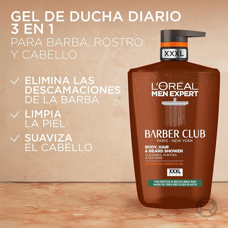 Gel douche Barber Club formulé avec de l'huile de bois de cèdre pour nettoyer, nourrir et hydrater la barbe, la peau et les cheveux, 1L