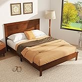 KOMFOTT Queen Size Wood Platform Bed Frame with Headboard, Wooden Mid Century Platform Bed with Slat Support & Under Bed Storage, Mattress Foundation Bed Base, No Box Spring Needed, Walnut