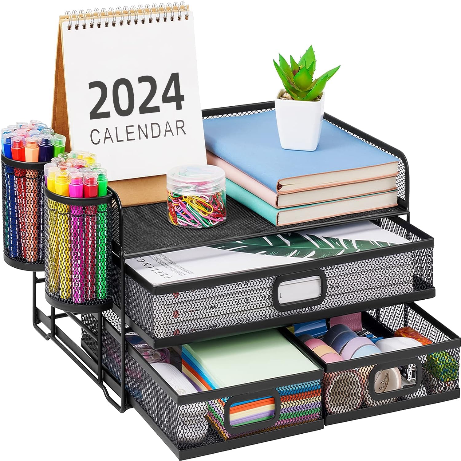 Photo 1 of Marbrasse 3 Tier Mesh Desk Organizer with Drawer, Multi-Functional Desk Organizers and Accessories, Paper Letter Organizer with 2 Pen Holder for Home Office Supplies (Black)