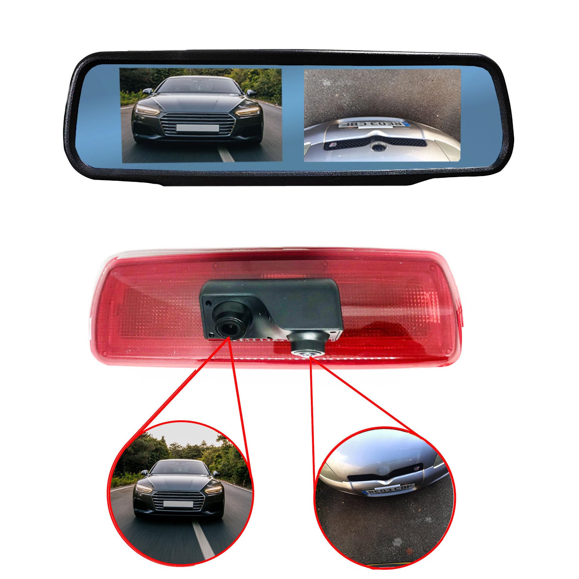 Dolphin Automotive Dual Rear View Parking Reversing Brake Light Camera Fits Renault Trafic 2014 - Onwards (Camera & 4.3" Dual Mirror Monitor)