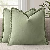 ANRODUO Set of 2 Decorative Throw Pillow Covers 18×18 Inch Soft Linen Fringe Farmhouse Boho Vintage Cushion Covers with Tassels Accent Pillowcase for Couch Sofa Bed Living Room Spring Decor Sage Green