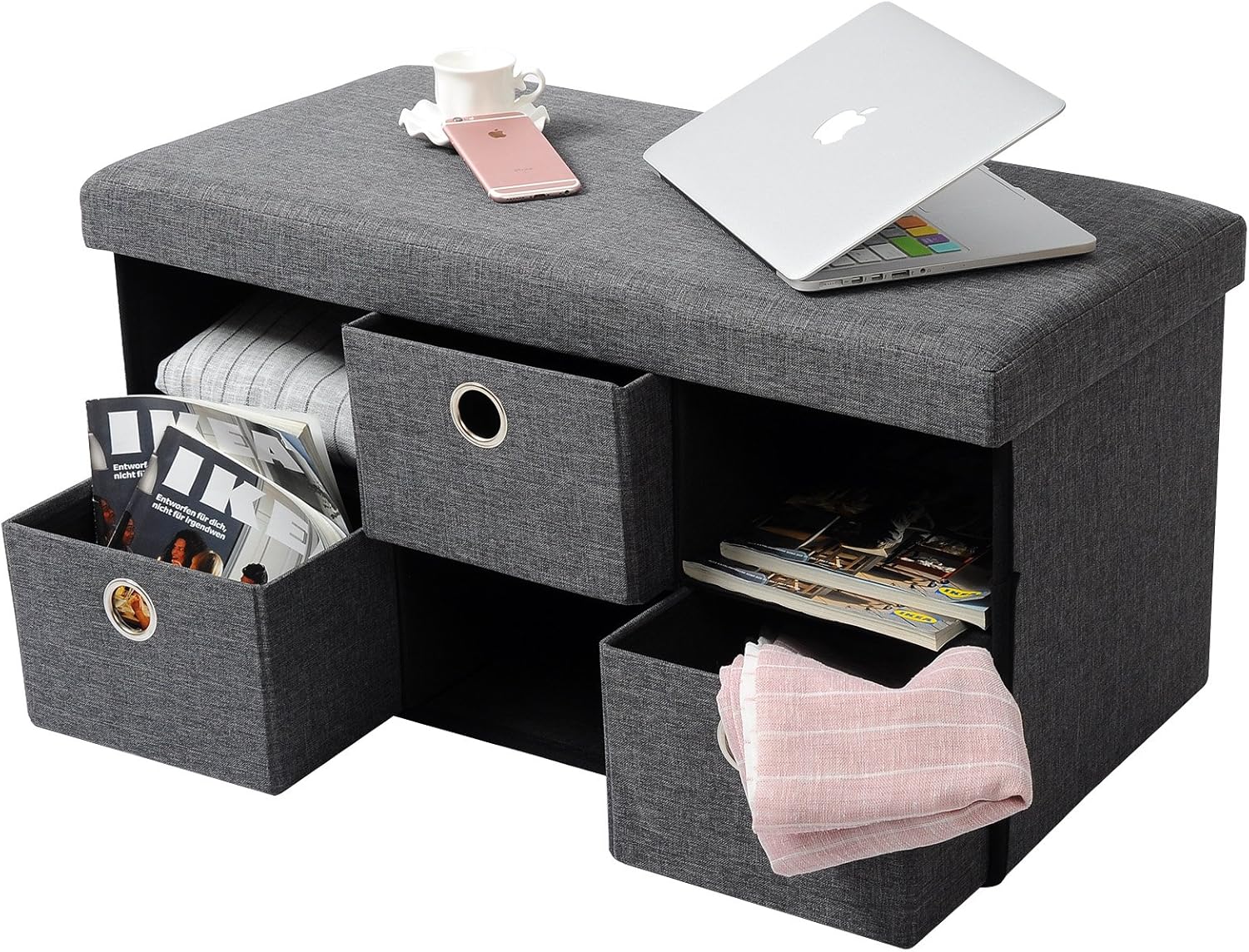 WOLTU SH09dgr1 Banc Coffre de Rangement pouf pliable avec 3 tiroirs en