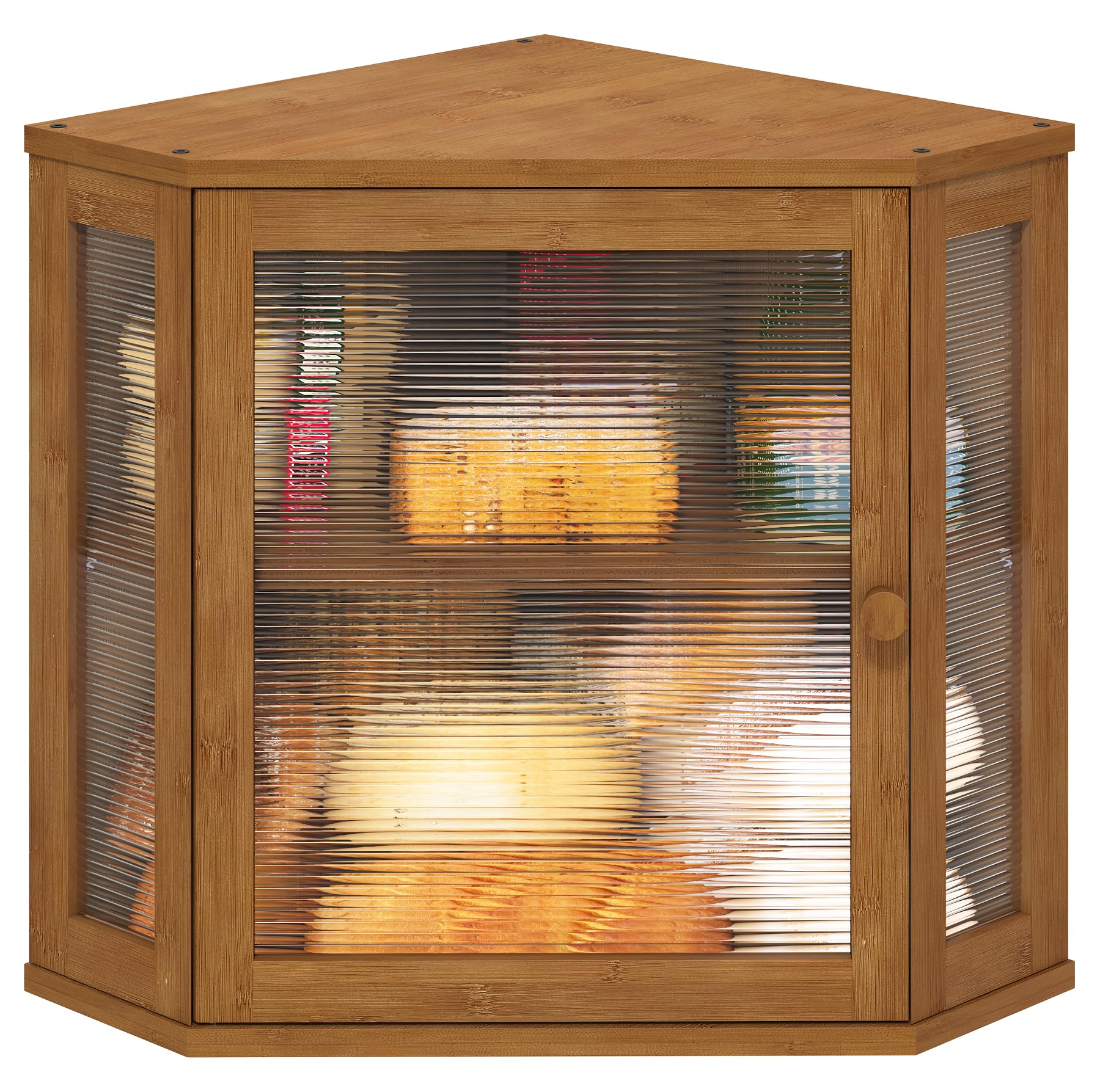 Photo 1 of viewcare Corner Bread Box for Kitchen Counter, Bamboo Wood Large Capacity Bread Storage Bin with Acrylic Wavy Door Panel (Brown, Meduim)