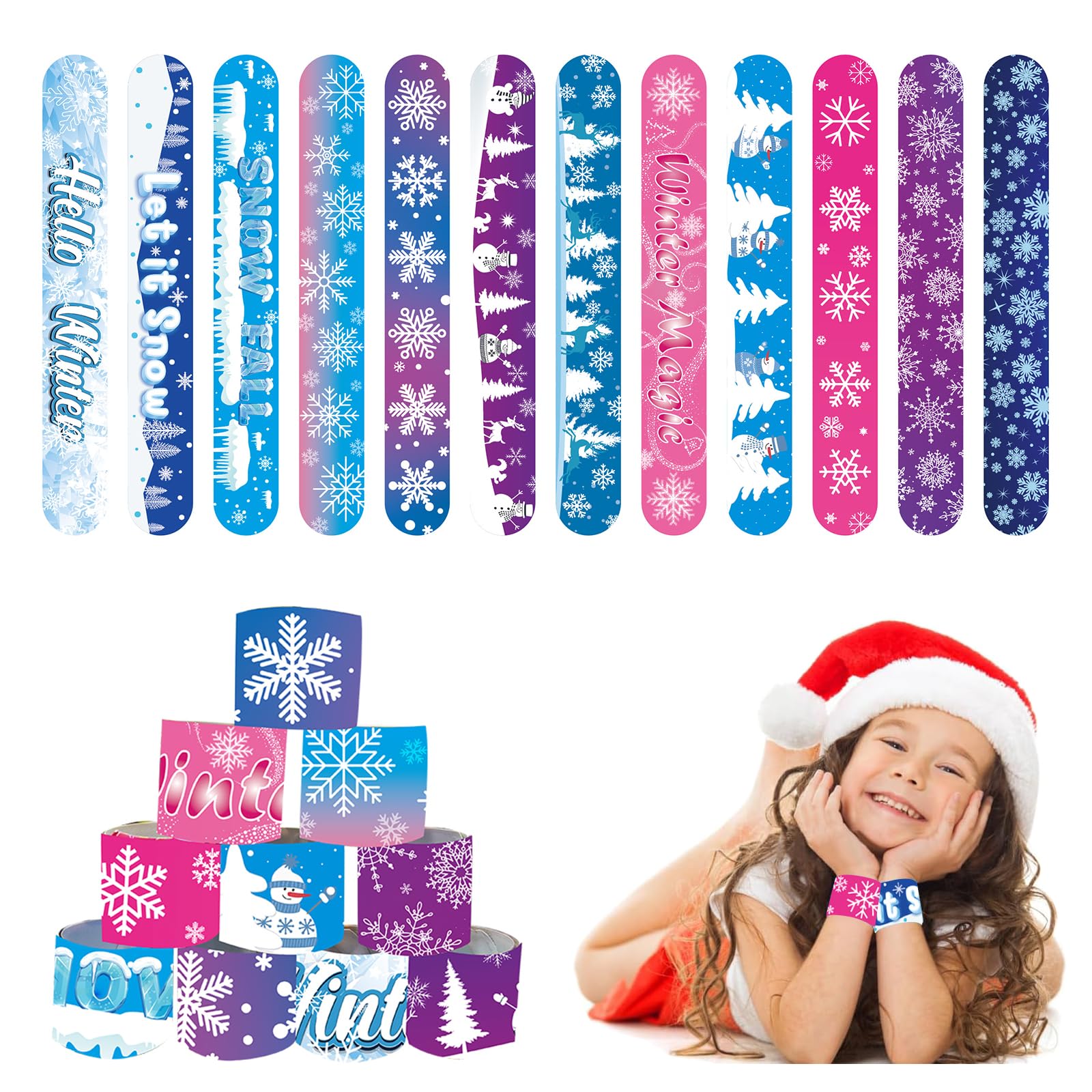 POPOYU 24Pcs Frozen Snowflake Slap Bracelets,Snap Bracelet Bands for Gifts Bag Filler,Frozen Party Favors,Cute Wristbands for Girls Birthday Gifts Elsa Chrismtas Winter Party Supplies Classroom Prize