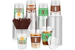 Kochorie 60 Sets Football Party Plastic Cups 16oz Clear Cups with Lids and Straws Football Party Favors Drinking Cups for Game Day Football Themed Party Supplies Dinnerware Decoration
