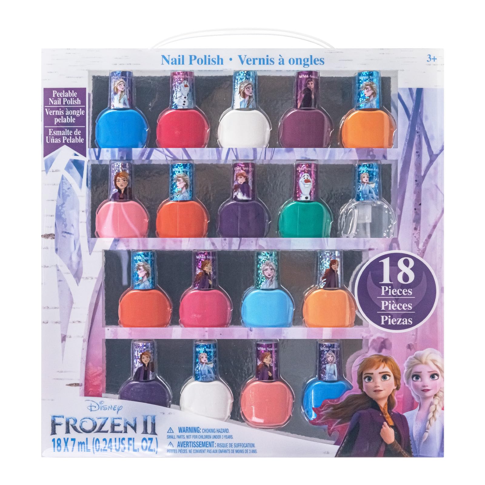 Disney Frozen Elsa and Anna 18 Piece Water-Based Nail Varnish Set, Quick Dry and Peels-Off, Perfect for Parties, Sleepovers and Makeovers, Ages 3+, By Townley Girl