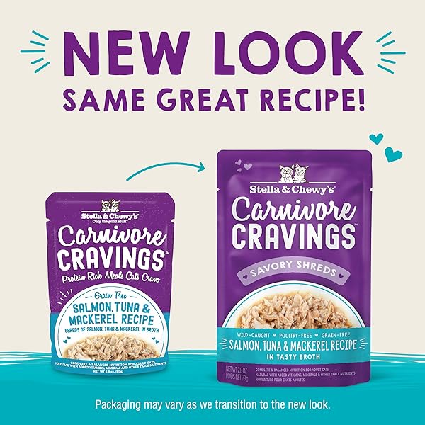 STELLA & CHEWY’S CARNIVORE CRAVINGS WET CAT FOOD – PREMIUM POUCHES – GRAIN FREE, HIGH PROTEIN SALMON, TUNA & MACKEREL – PERFECT FOR PICKY EATERS – COMPLETE MEAL OR TOPPER (2.8 OZ, 12 PACK)