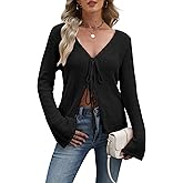 Women Tie Front Cardigan Sweaters Bell Long Sleeve V Neck Knit Bow Sweater Lightweight Y2k Cute Fall Cardigan