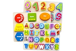 QUOKKA Wooden Puzzles for Toddlers 2-4 - Chunky Toddler Puzzles Ages 3-5 - Learning Travel Game with Numbers Alphabet Shapes - Wood Educational Gift for Boys and Girls