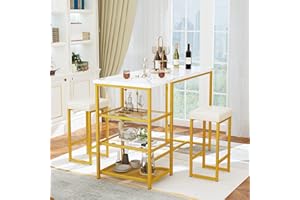 Lamerge Kitchen Table Set for 2,Kitchen Island with Seating Bar Table with Storage,Faux Mable Bar Table and Shairs Set for Small Space,Dining Room,Small Dining Table for 2,White Gold