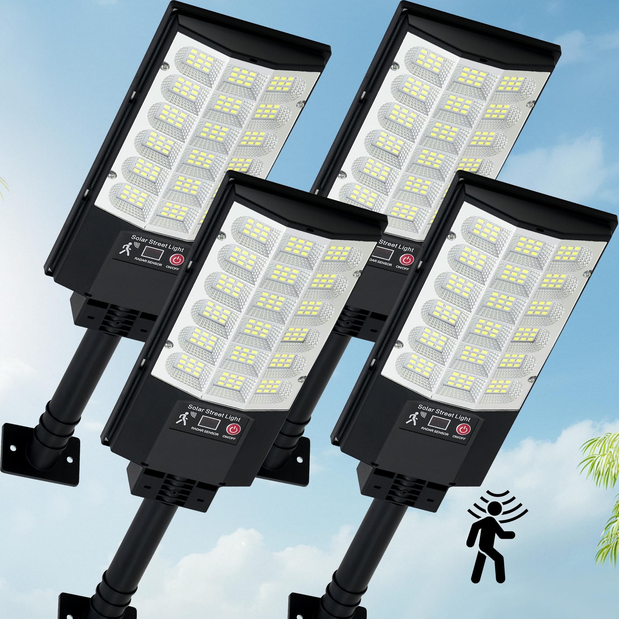 Photo 1 of TFKK Solar Street Lights Outdoor, Waterproof Motion Sensor Solar Lights with Remote Control, 6500K Dusk to Dawn Parking Lot Flood Light for Outside Garage Yard, 4 Pack
