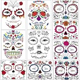 Halloween Temporary Face Tattoos Makeup Kit, Day of the Dead Sugar Skull Floral Black Skeleton Web Red Roses Full Face Mask Stickers Tattoo Families Party Supplies