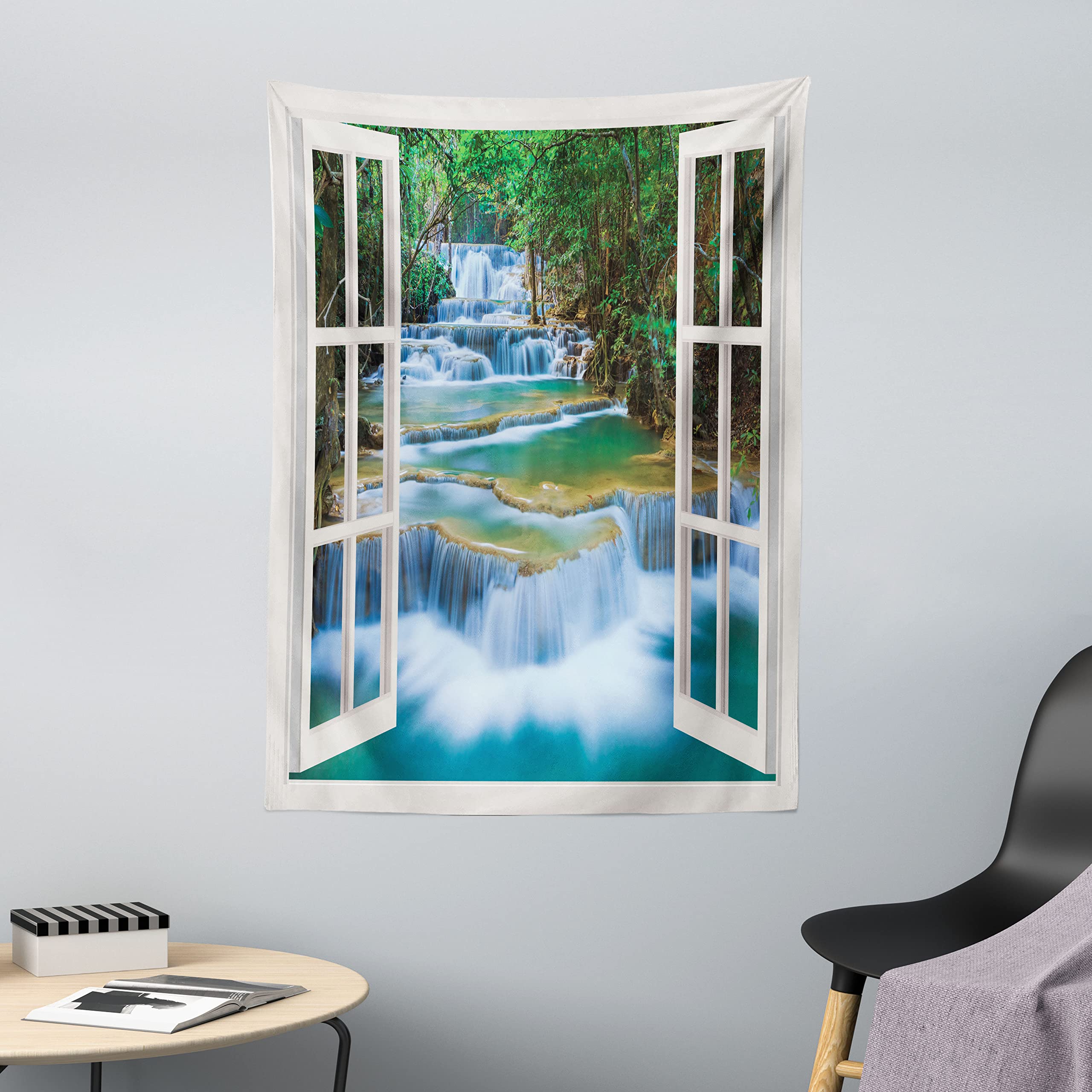ABAKUHAUS Landscape Tapestry, Open Window to River Flowing Down inside a Forrest with Lush Spring Season Trees, Fabric Wall Hanging Decor for Bedroom Living Room Dorm, 43 W X 58 L, Multicolor