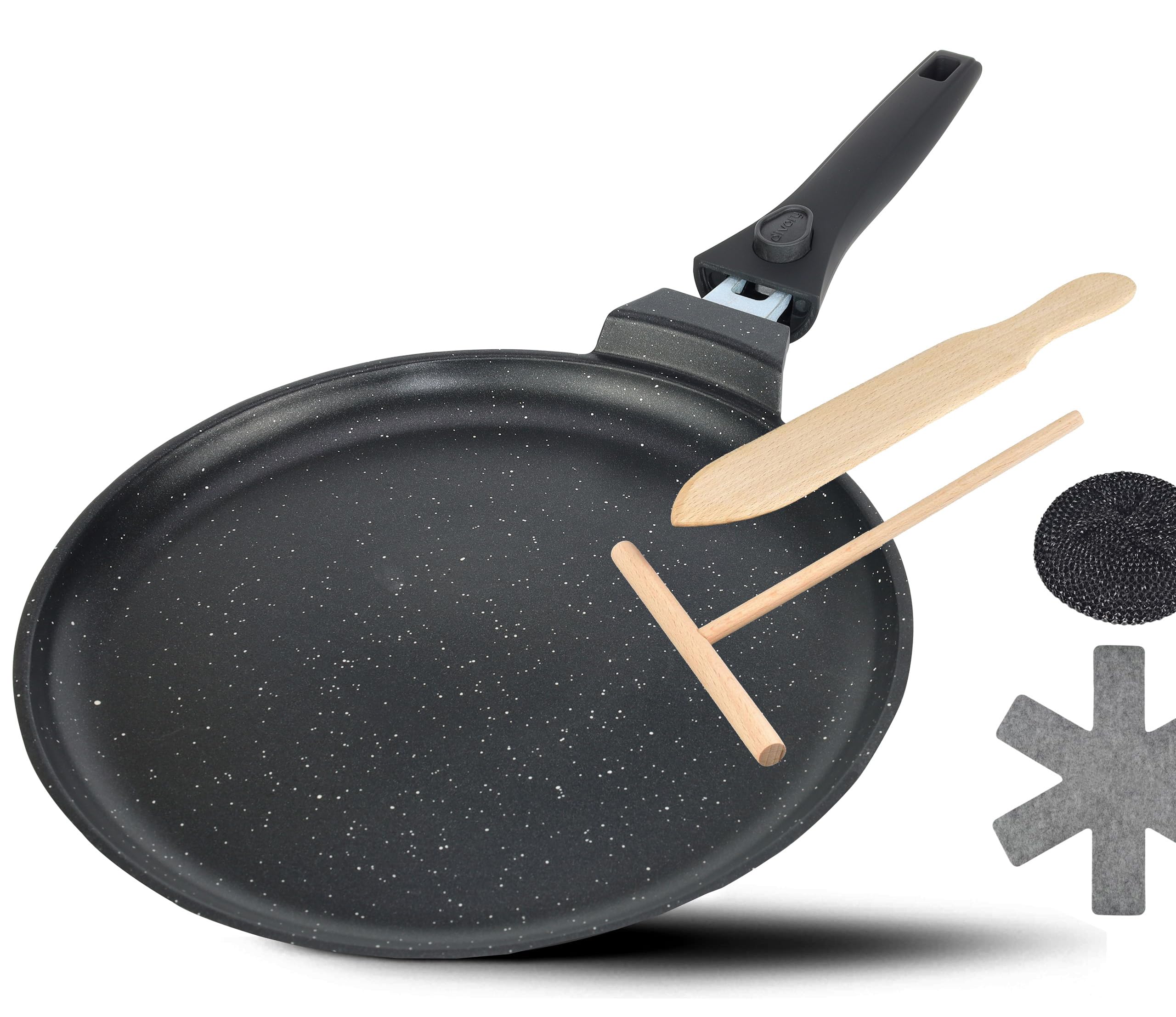 DIVORY Crepe pan Induction 28 cm, Pancake pan with Dough Divider and Wooden Shovel, Induction Coated