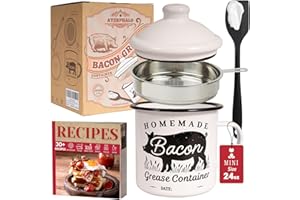 AYERPHALO Bacon Grease Container with Strainer - With Food-Grade Silicone Spatula, 24oz Enamel Rustic Farmhouse Fat Container, Keeper, Recipes, Dishwasher Safe