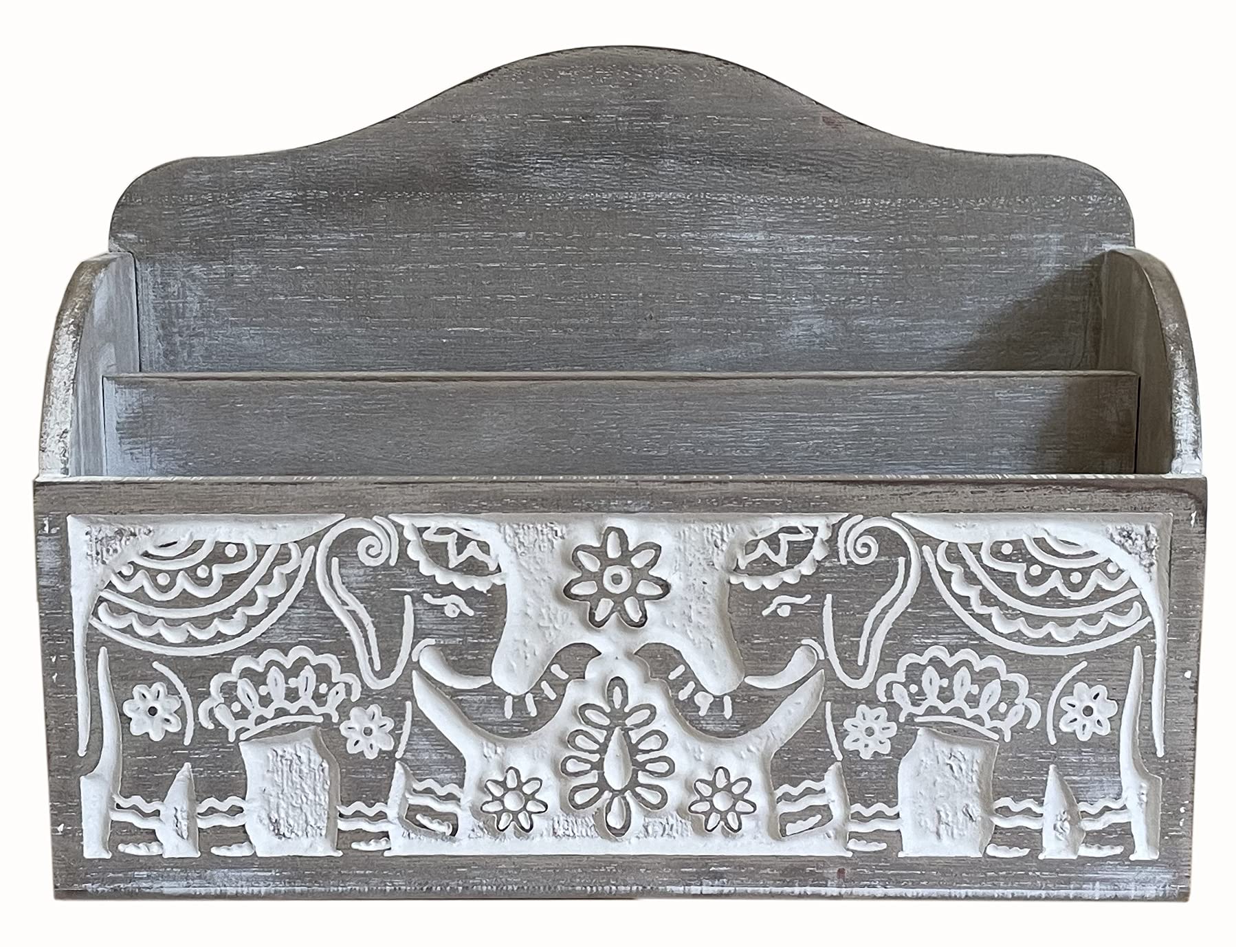 Wooden Letter Rack with Indian Elephant Carving - Natural Wood, 24.5cm x 18cm - Perfect for Organizing Letters & Adding Charm"