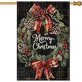 BlissYard Merry Christmas Garden Flag Plaid Background Pinecone Berry House Flag 28 x 40 Inch Double Sided Large Yard Banners for Porch Home Outdoor Winter Holiday Classic Decor