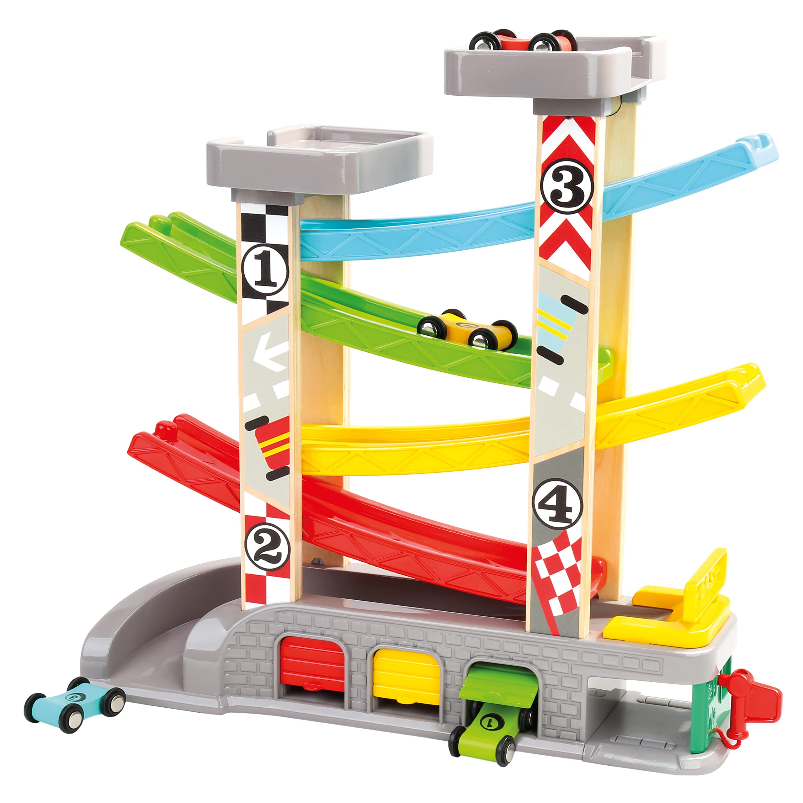 Bino 84092 Large Wooden/Plastic Click Clack Race Track Toy with 4 Wooden Cars and Garages and a Petrol Station. Wooden Car Ramp Toy For Boys. The Race Track Tower Is 34 cm tall.