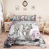 Castle Fairy Rose Flower Tiger Kids Comforter Set Queen Size,Africa Fierce Wildlife Animals White Tiger Bedding Set for Men Women Adults,Multicolor Floral Botanical Painted Print Quilt 3 Pcs