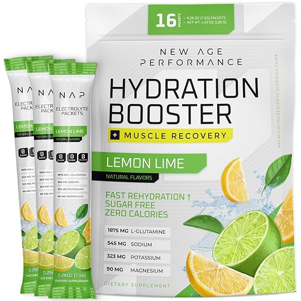 NEW AGE PERFORMANCE HYDRATION PACKETS, ELECTROLYTES POWDER, LIQUID ENHANCER FOR DEHYDRATION RELIEF, L-GLUTAMINE AMINO ACIDS FOR MUSCLE WORKOUT RECOVERY, SUGAR FREE & 0 CALORIE, 16 STICKS (LEMON LIME)