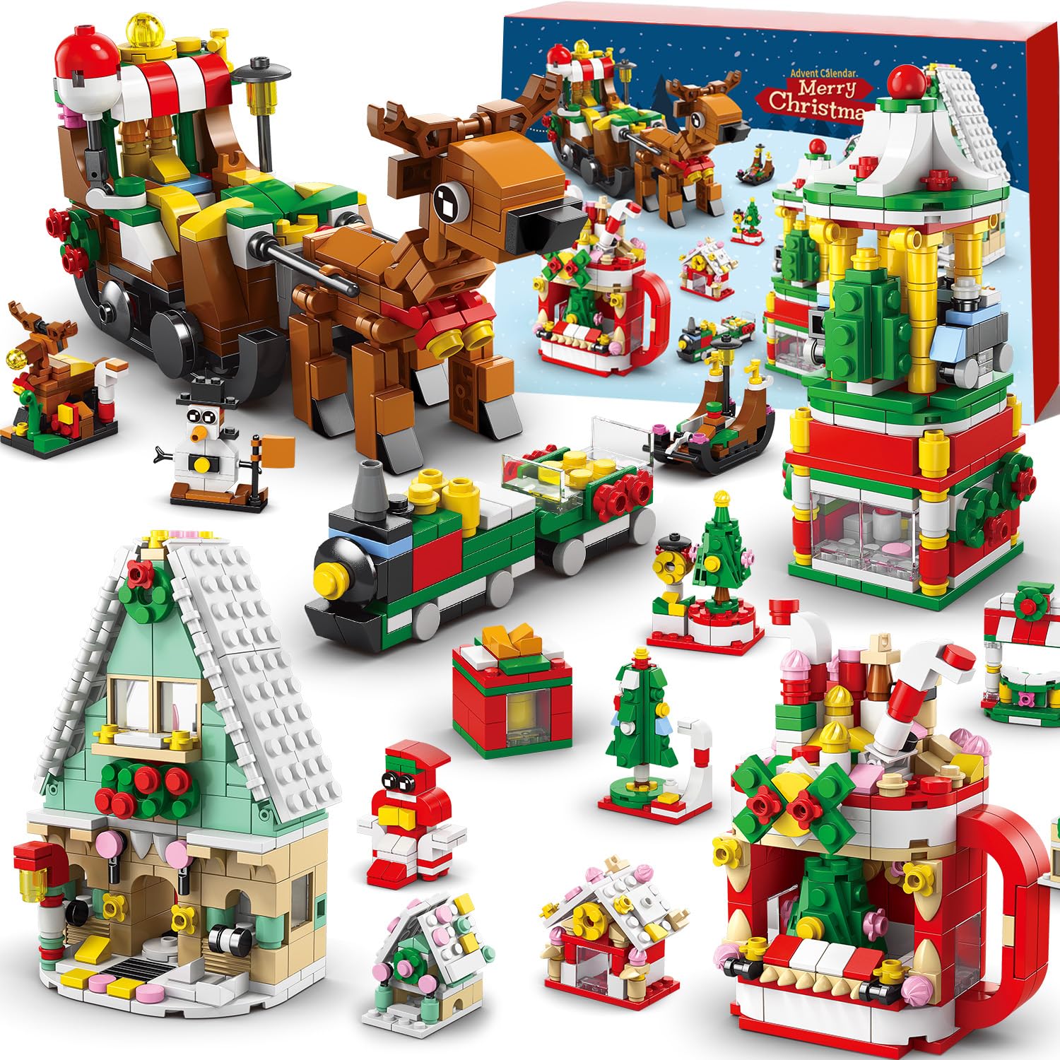 Christmas Advent Calendar Building Set 2026 - Countdown Playset 24 Collectible Surprises, 1099 PCS Christmas Toy Tree Cottage Santa Building Block Set, Gifts for Kids Boys Girls Ages 3-12+