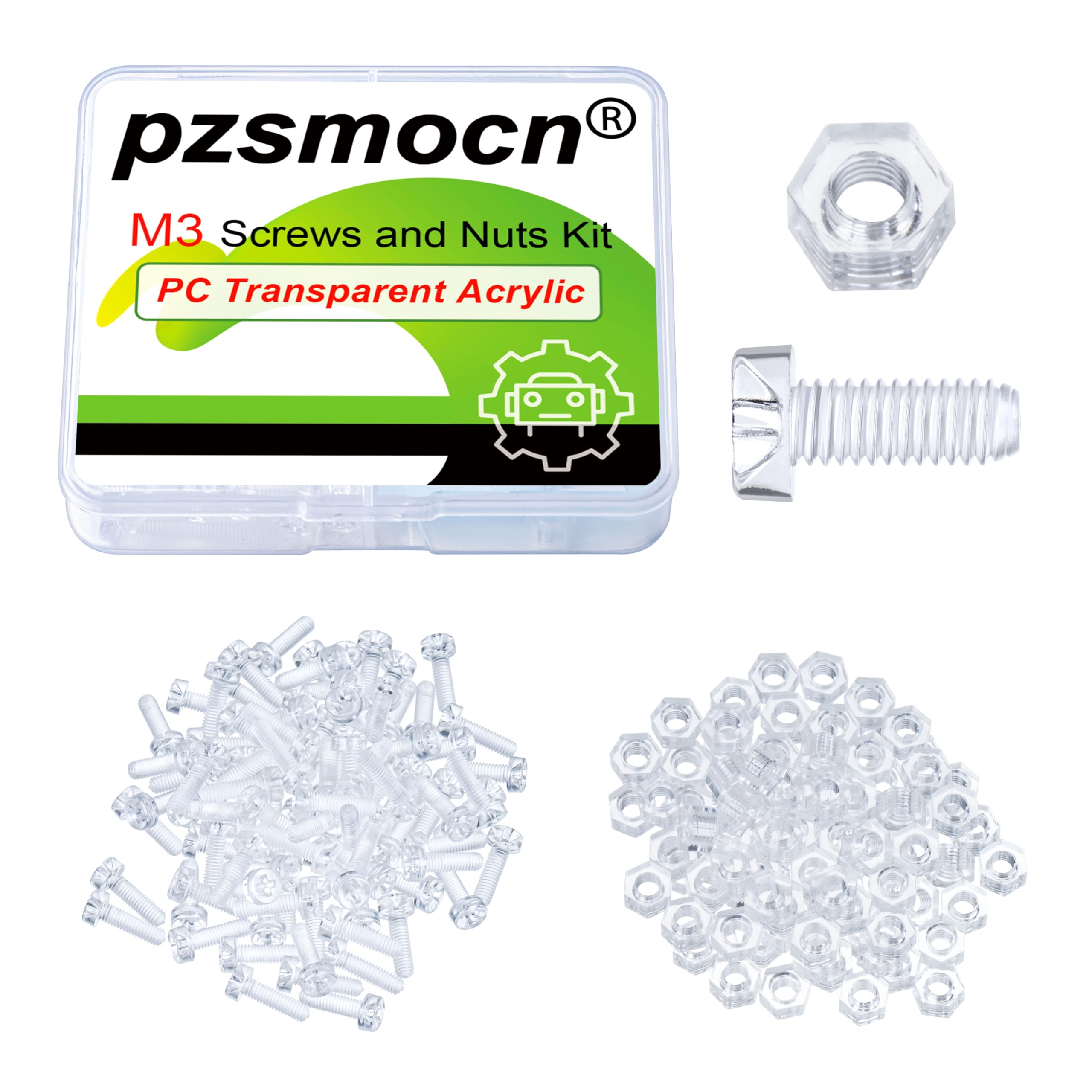 Pzsmocn 200 Pieces/100 Sets M3*10 mm PC Transparent Plastic Cross-recessed Round Head Screws and Hexagonal Nuts Kit, Corrosion-resistant, for DIY, Model and Electronic Product Fixation.