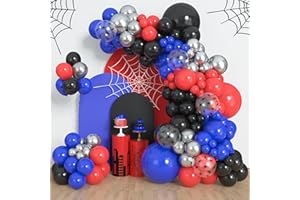 Amandir 153pcs Black Red Blue Balloon Arch Garland Kit, Different Sizes 18 12 10 5 inch Red Blue Sliver Spider Balloons for Boys Baby Shower Spider Theme Birthday Party Decorations
