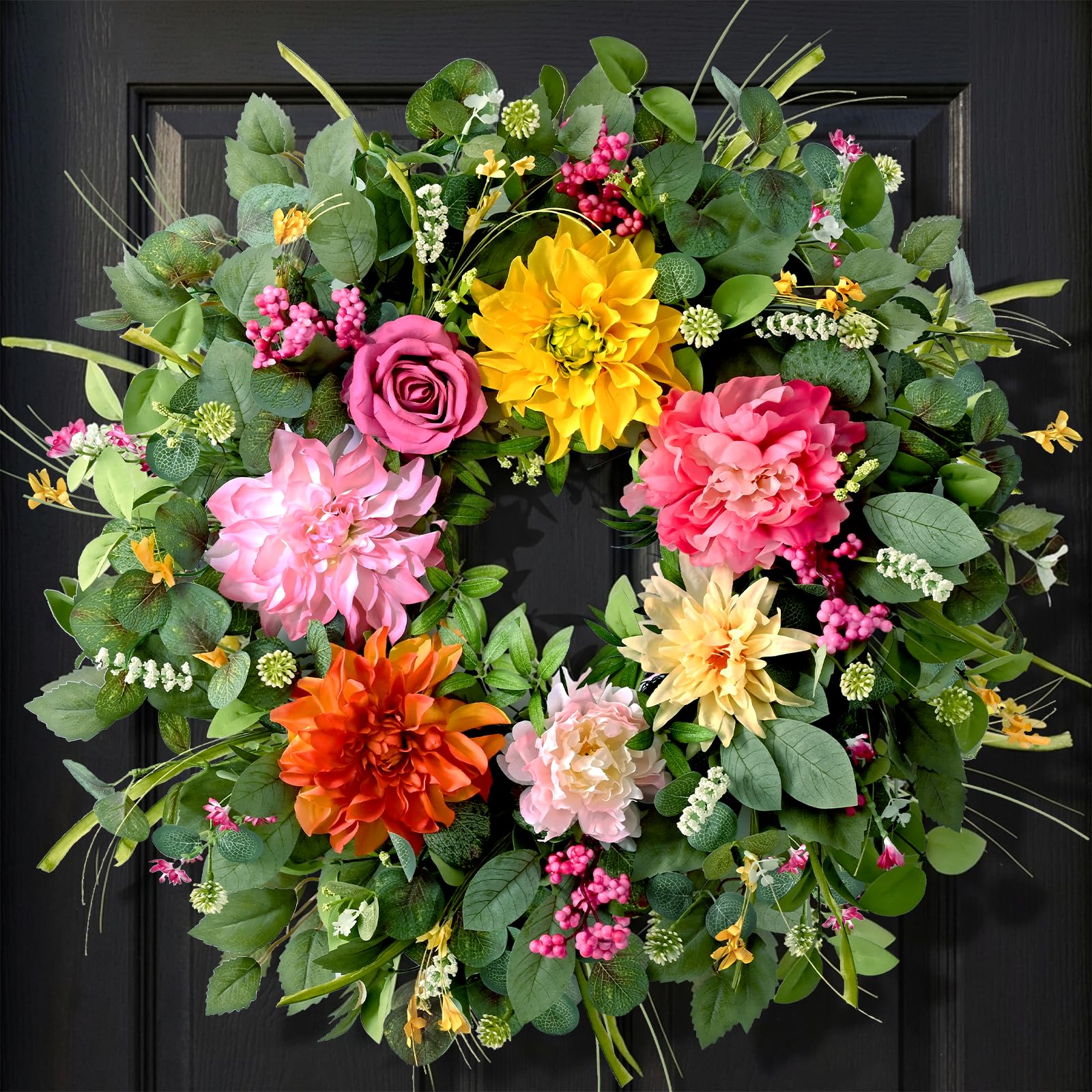 Waipfaru Spring Wreaths for Front Door Outside, 24in Summer Wreaths Easter Wreath, Large Front Door Wreath with Peony Dahlia Rose Flower Green Eucalyptus Leaves Farmhouse Outdoor Porch Decor, 2Pcs
