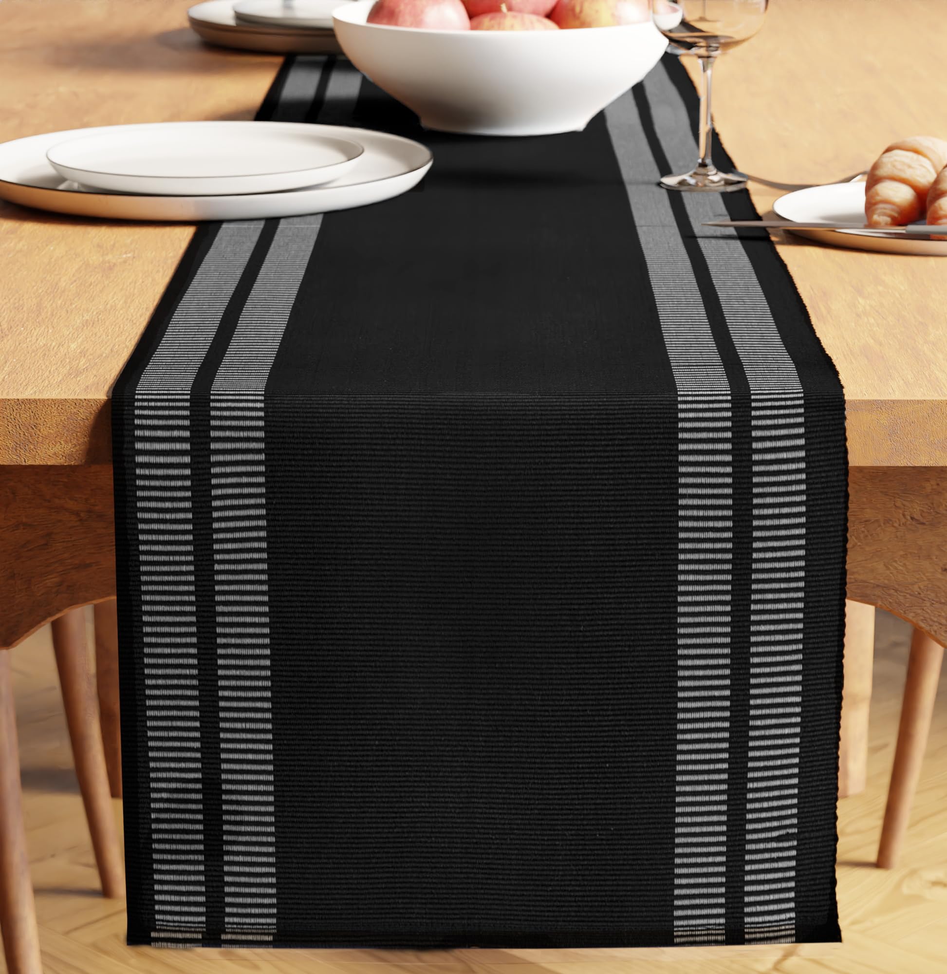 Encasa XO Dining Table Runner 32x183 cm | Yarn Dyed Fine Ribbed Cotton | Ladder Black | Machine Washable