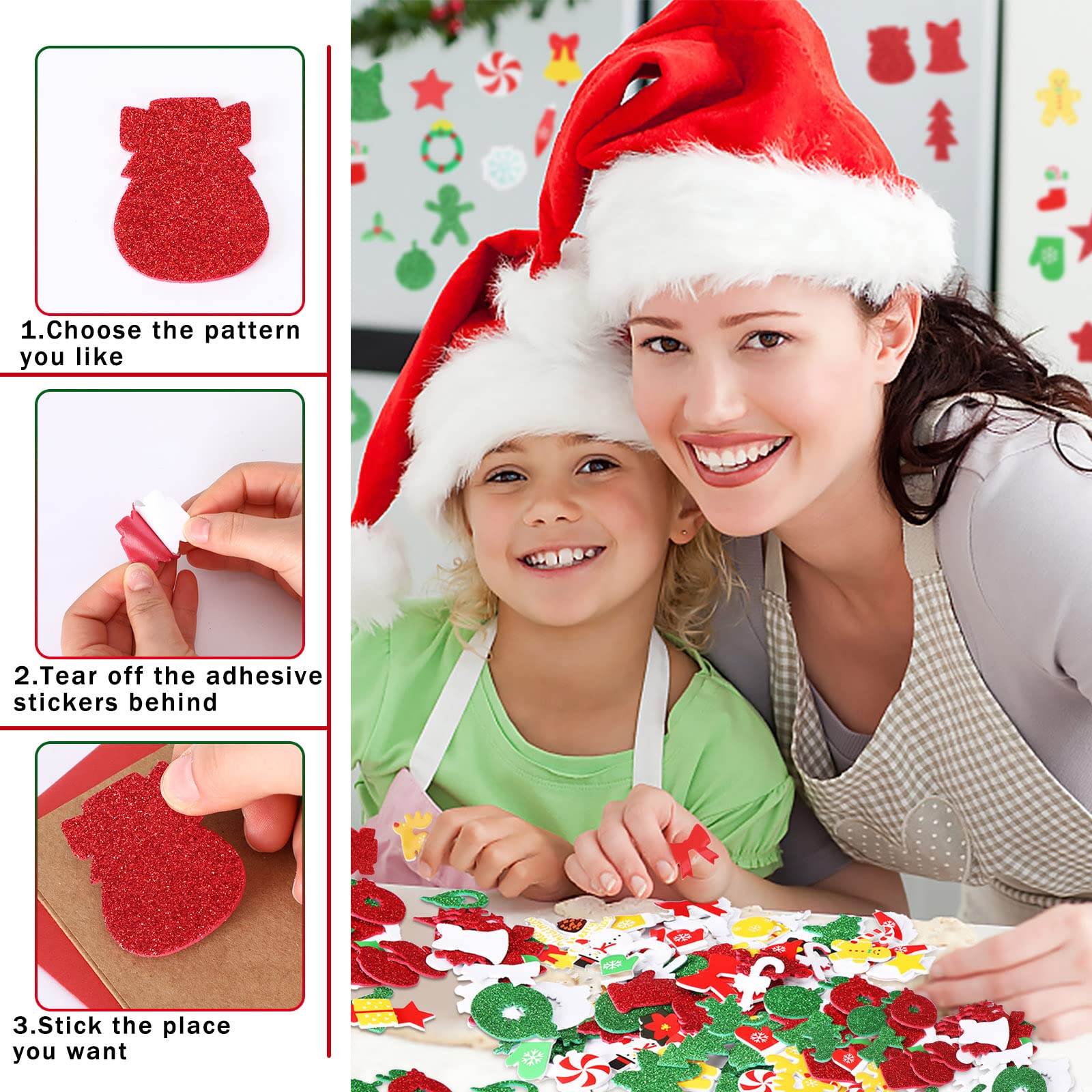 JULBEAR 300 Piece Christmas Foam Stickers - Glitter Self Adhesive Stickers for Crafts, Greeting Cards, Home & Party Decoration (Christmas Style)