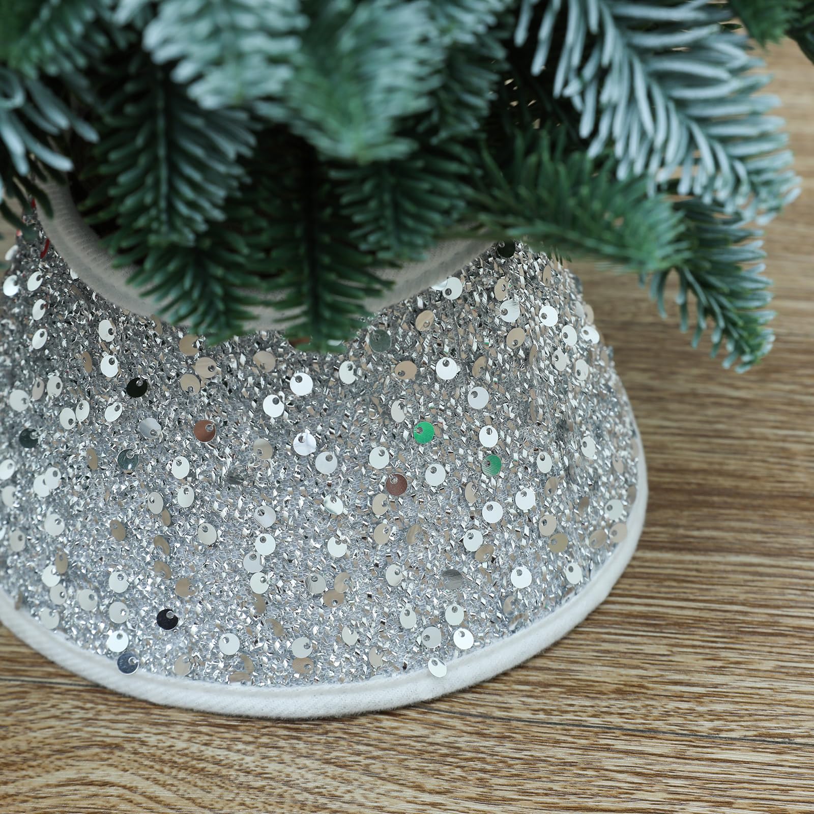 Photo 1 of **SMALL**TWSANTAMAS 7.5 Inch Glittering Christmas Tree Collar, Sequin Rustic MINI Tree Skirt Base Cover for Small Tabletop Trees, Holiday Home Decor Gift, Silver