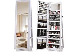 sogesfurniture Lockable Floor Standing Wooden Jewelry Armoire with Full Length Mirror 360°Rotatable Jewelry Organizer Cabinet Lockable with Storage Shelf, White BHUS-QH-7021C
