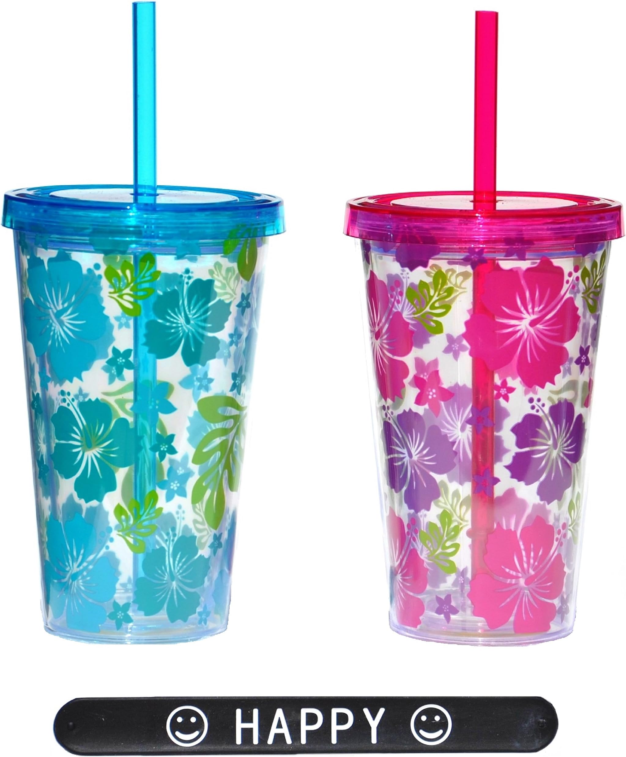 17.5 Oz. Festive Luau Insulated Plastic Iced Coffee Tea Tumblers Travel Cup with Lid & Straw Set of 2 (Color1)