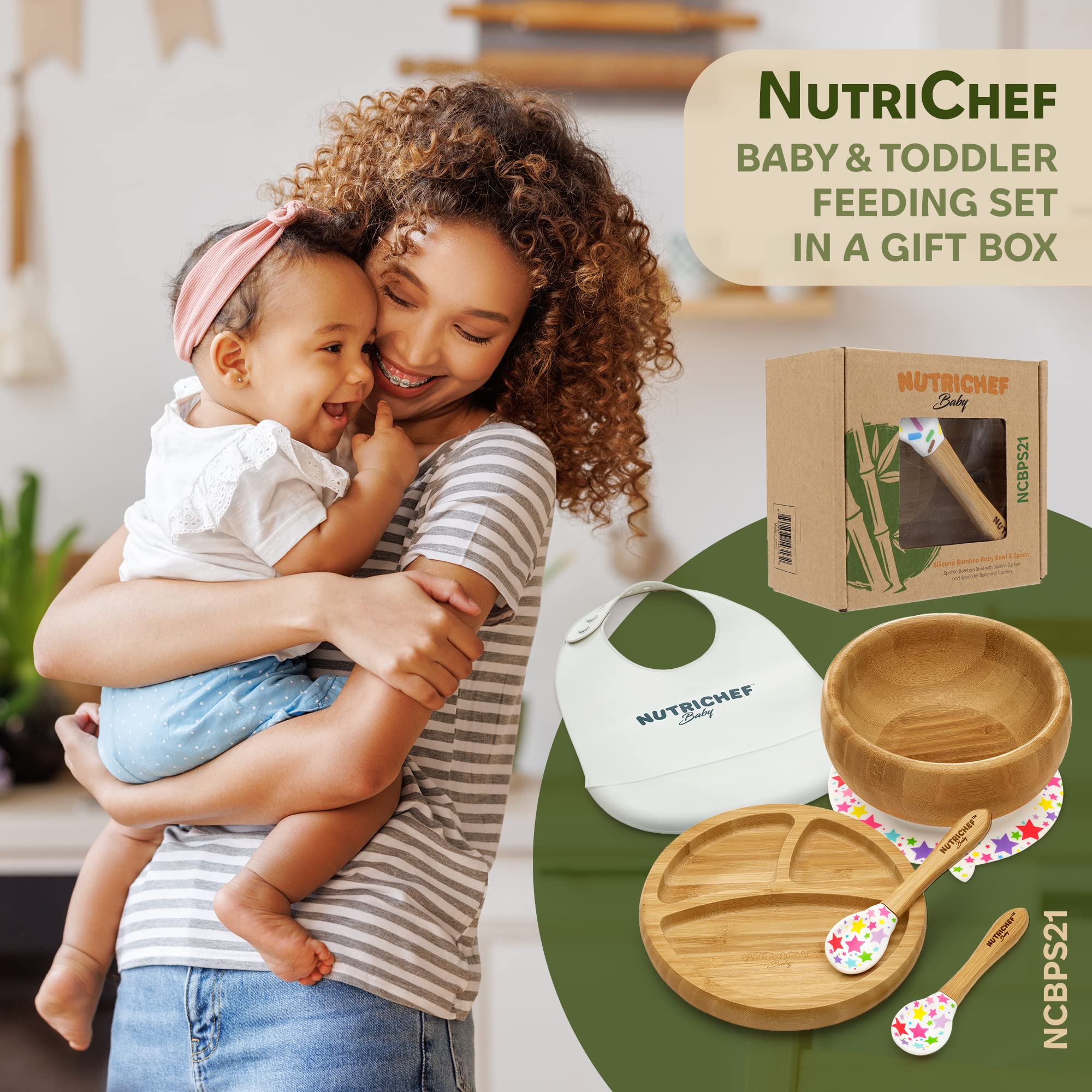Nutrichef Baby and Toddler, 3 Compartment Plate, Bowl, and Spoon Feeding Set- Silicon Suction, Non-Toxic All Natural Bamboo Baby Food Plate with Silicon Bib
