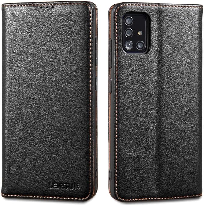 LENSUN Samsung Galaxy A51 Leather Case, Wallet Flip Genuine Leather Folio Phone Case