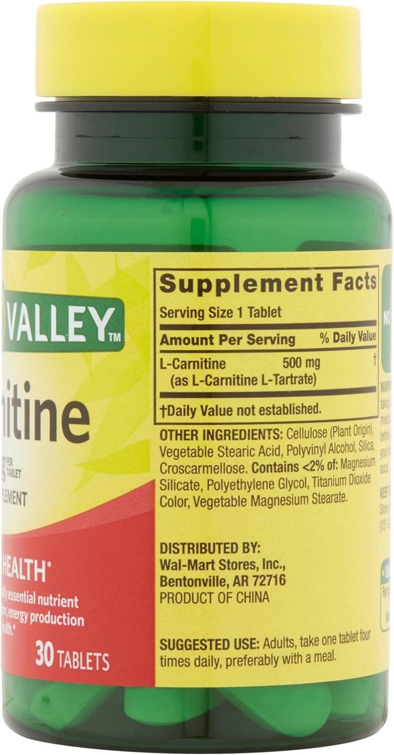 Spring Valley 30 Tablets 500 mg L-Carnitine Dietary Supplement 30: Health & Personal Care
