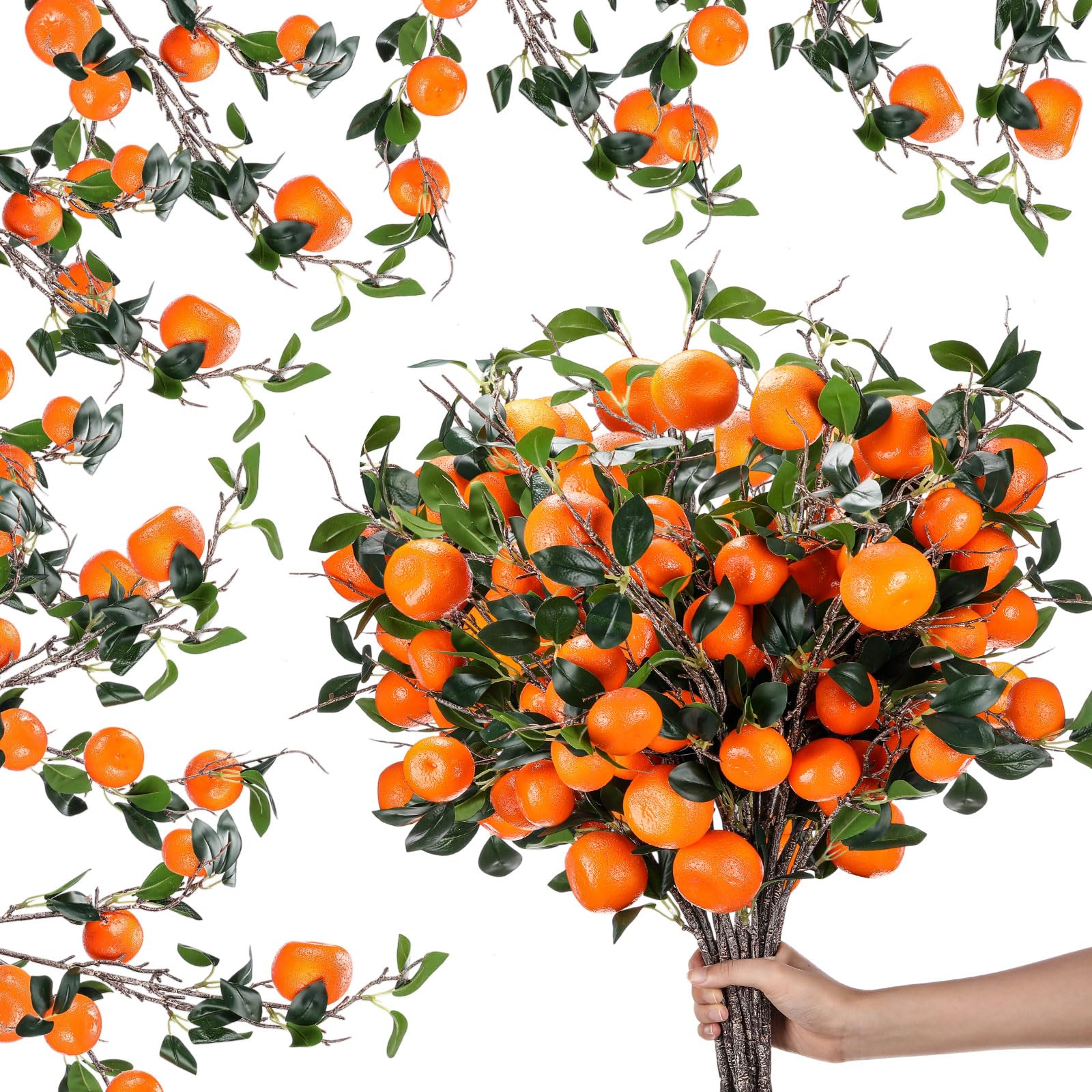 Photo 1 of Daifunli 10 Pcs Artificial Tangerine Branches 37 Inch Realistic Faux Oranges Fruit with Green Leaves Simulation Orange Branch Decorative Kumquat Tangerine for Vase Home Party Decoration (7 Oranges)