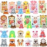 MOVING EARS 24 Pack Valentines Day Gifts Small Stuffed Animals Assorted Card Boxes Mini Animal Toys Keychains Bulk for Birthday Classroom Exchange Party Favor School Teacher Student